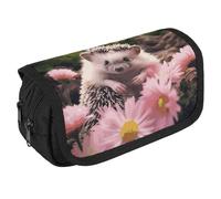 VFKLT Cute Hedgehog in Flowers Pencil Case Double Layer Pencil Pouch Large Capacity Pencil Bag Double Zipper Portable Pen Case Makeup Bag for Men Women Travel Business Office