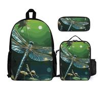 VFKLT Dragonfly Green Backpack with Lunch Box Pencil Case 3 Piece Set Travel Bag Casual Daypack Laptop Backpack, White, One Size, Travel Backpacks