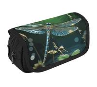 VFKLT Dragonfly Green Pencil Case Double Layer Pencil Pouch Large Capacity Pencil Bag Double Zipper Portable Pen Case Makeup Bag for Men Women Travel Business Office