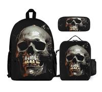 VFKLT Eerie Scary Skull Backpack with Lunch Box Pencil Case 3 Piece Set Travel Bag Casual Daypack Laptop Backpack, White, One Size, Travel Backpacks