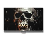 VFKLT Eerie Scary Skull Business Card Holder Pocket Slim Portable Metal Business Card Case Business Card Organizer Credit Card Wallet Multi Card Case for Men Women Travel Office, silver, One Size,