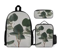 VFKLT Eucalyptus Leaves Backpack with Lunch Box Pencil Case 3 Piece Set Travel Bag Casual Daypack Laptop Backpack, White, One Size, Travel Backpacks