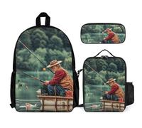 VFKLT Fishing Lake Fishermen Backpack with Lunch Box Pencil Case 3 Piece Set Travel Bag Casual Daypack Laptop Backpack, White, One Size, Travel Backpacks