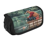 VFKLT Fishing Lake Fishermen Pencil Case Double Layer Pencil Pouch Large Capacity Pencil Bag Double Zipper Portable Pen Case Makeup Bag for Men Women Travel Business Office