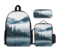 VFKLT Foggy Mountains Landscape Backpack with Lunch Box Pencil Case 3 Piece Set Travel Bag Casual Daypack Laptop Backpack, White, One Size, Travel Backpacks