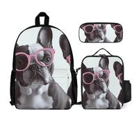 VFKLT French Bulldog Pink Glasses Backpack with Lunch Box Pencil Case 3 Piece Set Travel Bag Casual Daypack Laptop Backpack, White, One Size, Travel Backpacks