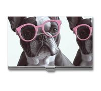 VFKLT French Bulldog Pink Glasses Business Card Holder Pocket Slim Portable Metal Business Card Case Business Card Organizer Credit Card Wallet Multi Card Case for Men Women Travel Office, silver, One