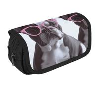 VFKLT French Bulldog Pink Glasses Pencil Case Double Layer Pencil Pouch Large Capacity Pencil Bag Double Zipper Portable Pen Case Makeup Bag for Men Women Travel Business Office