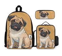 VFKLT Funny Cartoon Pug Puppy Dogs Backpack with Lunch Box Pencil Case 3 Piece Set Travel Bag Casual Daypack Laptop Backpack, White, One Size, Travel Backpacks