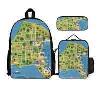 VFKLT Greece Map Backpack with Lunch Box Pencil Case 3 Piece Set Travel Bag Casual Daypack Laptop Backpack, White, One Size, Travel Backpacks
