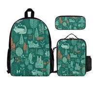 VFKLT Green Animals Backpack with Lunch Box Pencil Case 3 Piece Set Travel Bag Casual Daypack Laptop Backpack, White, One Size, Travel Backpacks