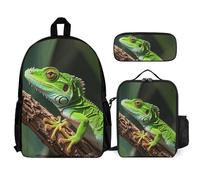 VFKLT Green Geckos Backpack with Lunch Box Pencil Case 3 Piece Set Travel Bag Casual Daypack Laptop Backpack, White, One Size, Travel Backpacks