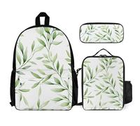 VFKLT Green Leaves Backpack with Lunch Box Pencil Case 3 Piece Set Travel Bag Casual Daypack Laptop Backpack, White, One Size, Travel Backpacks
