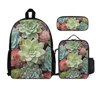VFKLT Green Succulents Backpack with Lunch Box Pencil Case 3 Piece Set Travel Bag Casual Daypack Laptop Backpack, White, One Size, Travel Backpacks