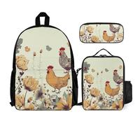 VFKLT Hen Flying Butterflies Among Flowers Backpack with Lunch Box Pencil Case 3 Piece Set Travel Bag Casual Daypack Laptop Backpack, White, One Size, Travel Backpacks
