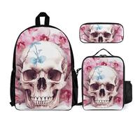 VFKLT Human Skull Pink Flowers Backpack with Lunch Box Pencil Case 3 Piece Set Travel Bag Casual Daypack Laptop Backpack, White, One Size, Travel Backpacks