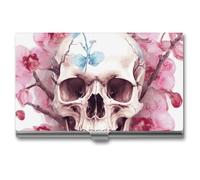 VFKLT Human Skull Pink Flowers Business Card Holder Pocket Slim Portable Metal Business Card Case Business Card Organizer Credit Card Wallet Multi Card Case for Men Women Travel Office, silver, One