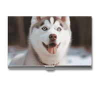 VFKLT Husky Piquant Dog Business Card Holder Pocket Slim Portable Metal Business Card Case Business Card Organizer Credit Card Wallet Multi Card Case for Men Women Travel Office, silver, One Size,