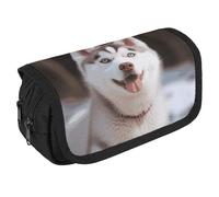 VFKLT Husky Piquant Dog Pencil Case Double Layer Pencil Pouch Large Capacity Pencil Bag Double Zipper Portable Pen Case Makeup Bag for Men Women Travel Business Office