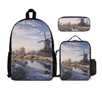 VFKLT Landscape with A Traditional Windmill Backpack with Lunch Box Pencil Case 3 Piece Set Travel Bag Casual Daypack Laptop Backpack, White, One Size, Travel Backpacks