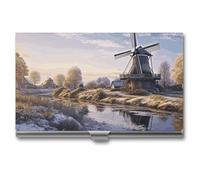 VFKLT Landscape with A Traditional Windmill Business Card Holder Pocket Slim Portable Metal Business Card Case Business Card Organizer Credit Card Wallet Multi Card Case for Men Women Travel Office,