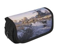 VFKLT Landscape with A Traditional Windmill Pencil Case Double Layer Pencil Pouch Large Capacity Pencil Bag Double Zipper Portable Pen Case Makeup Bag for Men Women Travel Business Office
