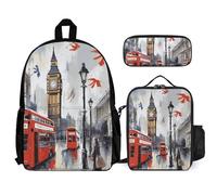 VFKLT London Backpack with Lunch Box Pencil Case 3 Piece Set Travel Bag Casual Daypack Laptop Backpack, White, One Size, Travel Backpacks