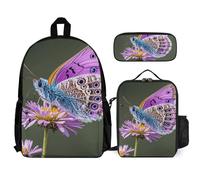 VFKLT Lovely Purple Butterfly Backpack with Lunch Box Pencil Case 3 Piece Set Travel Bag Casual Daypack Laptop Backpack, White, One Size, Travel Backpacks