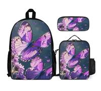 VFKLT Lovely Purple Butterflys Backpack with Lunch Box Pencil Case 3 Piece Set Travel Bag Casual Daypack Laptop Backpack, White, One Size, Travel Backpacks