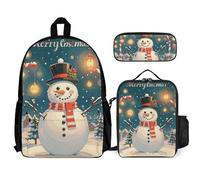 VFKLT Merry Christmas Lovely Snowman Backpack with Lunch Box Pencil Case 3 Piece Set Travel Bag Casual Daypack Laptop Backpack, White, One Size, Travel Backpacks