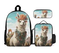 VFKLT Mexican Llama Green Backpack with Lunch Box Pencil Case 3 Piece Set Travel Bag Casual Daypack Laptop Backpack, White, One Size, Travel Backpacks