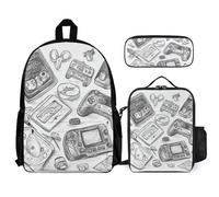 VFKLT Monochrome Sketch Style Gaming Backpack with Lunch Box Pencil Case 3 Piece Set Travel Bag Casual Daypack Laptop Backpack, White, One Size, Travel Backpacks
