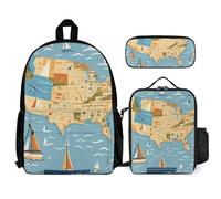 VFKLT Nautical Sailboat Map Backpack with Lunch Box Pencil Case 3 Piece Set Travel Bag Casual Daypack Laptop Backpack, White, One Size, Travel Backpacks