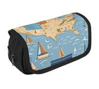 VFKLT Nautical Sailboat Map Pencil Case Double Layer Pencil Pouch Large Capacity Pencil Bag Double Zipper Portable Pen Case Makeup Bag for Men Women Travel Business Office
