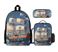 VFKLT Nautical Sailing Pirate Theme Backpack with Lunch Box Pencil Case 3 Piece Set Travel Bag Casual Daypack Laptop Backpack, White, One Size, Travel Backpacks