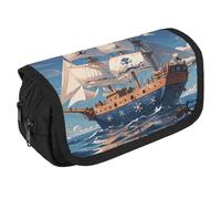 VFKLT Nautical Sailing Pirate Theme Pencil Case Double Layer Pencil Pouch Large Capacity Pencil Bag Double Zipper Portable Pen Case Makeup Bag for Men Women Travel Business Office