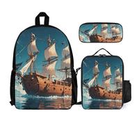 VFKLT Nordic Pirate Ship Backpack with Lunch Box Pencil Case 3 Piece Set Travel Bag Casual Daypack Laptop Backpack, White, One Size, Travel Backpacks