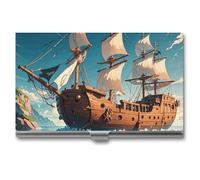 VFKLT Nordic Pirate Ship Business Card Holder Pocket Slim Portable Metal Business Card Case Business Card Organizer Credit Card Wallet Multi Card Case for Men Women Travel Office, silver, One Size,