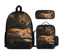 VFKLT Orange Cat Sleeping Backpack with Lunch Box Pencil Case 3 Piece Set Travel Bag Casual Daypack Laptop Backpack, White, One Size, Travel Backpacks