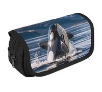 VFKLT Orca Killer Whale Pencil Case Double Layer Pencil Pouch Large Capacity Pencil Bag Double Zipper Portable Pen Case Makeup Bag for Men Women Travel Business Office