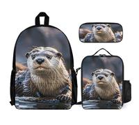 VFKLT Otters Backpack with Lunch Box Pencil Case 3 Piece Set Travel Bag Casual Daypack Laptop Backpack, White, One Size, Travel Backpacks