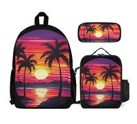 VFKLT Palm Tree Sunset Design Backpack with Lunch Box Pencil Case 3 Piece Set Travel Bag Casual Daypack Laptop Backpack, White, One Size, Travel Backpacks