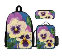 VFKLT Pansy Perfection Print Backpack with Lunch Box Pencil Case 3 Piece Set Travel Bag Casual Daypack Laptop Backpack, White, One Size, Travel Backpacks