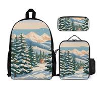 VFKLT Pine Needle Tree Winter Landscape Print Backpack with Lunch Box Pencil Case 3 Piece Set Travel Bag Casual Daypack Laptop Backpack, White, One Size, Travel Backpacks