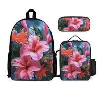 VFKLT Pink Flower Tropical Plant Backpack with Lunch Box Pencil Case 3 Piece Set Travel Bag Casual Daypack Laptop Backpack, White, One Size, Travel Backpacks