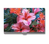 VFKLT Pink Flower Tropical Plant Business Card Holder Pocket Slim Portable Metal Business Card Case Business Card Organizer Credit Card Wallet Multi Card Case for Men Women Travel Office, silver, One