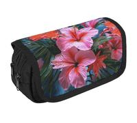 VFKLT Pink Flower Tropical Plant Pencil Case Double Layer Pencil Pouch Large Capacity Pencil Bag Double Zipper Portable Pen Case Makeup Bag for Men Women Travel Business Office