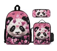 VFKLT Pink Panda Cotton Backpack with Lunch Box Pencil Case 3 Piece Set Travel Bag Casual Daypack Laptop Backpack, White, One Size, Travel Backpacks