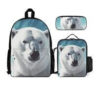 VFKLT Polar Bear Backpack with Lunch Box Pencil Case 3 Piece Set Travel Bag Casual Daypack Laptop Backpack, White, One Size, Travel Backpacks