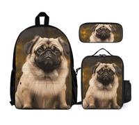 VFKLT Pug Dog Backpack with Lunch Box Pencil Case 3 Piece Set Travel Bag Casual Daypack Laptop Backpack, White, One Size, Travel Backpacks